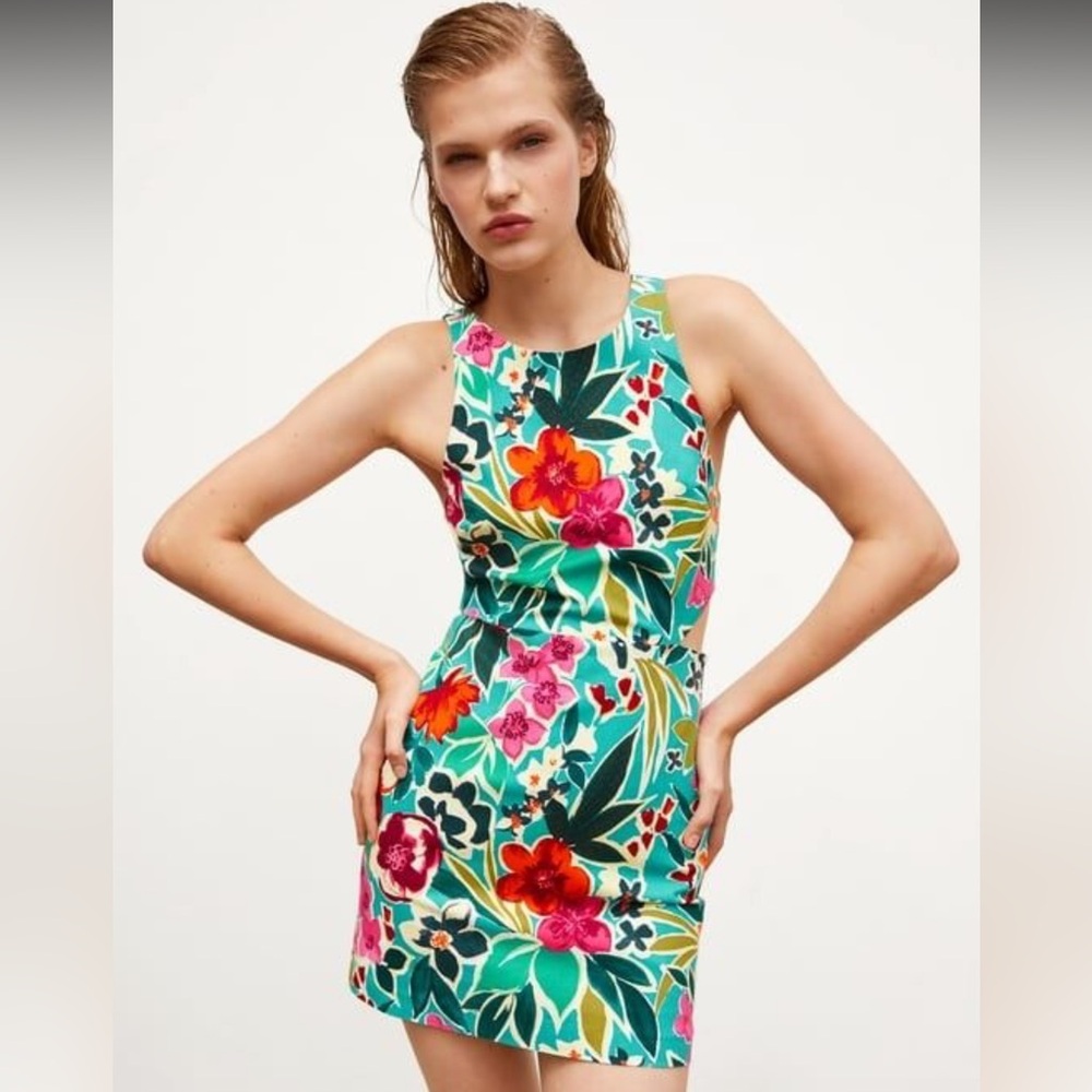 ZARA Tropical Print Floral Cutout Romper Jumpsuit Pink and Teal